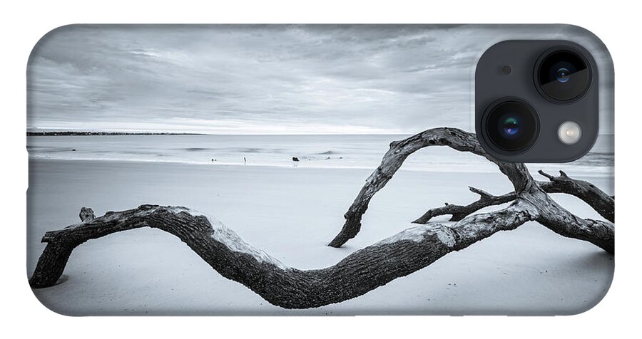 Driftwood Beach iPhone 14 Case featuring the photograph Serene Driftwood Beach In Black And White by Jordan Hill