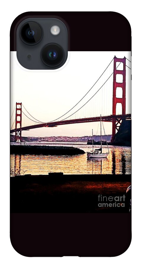 Golden Gate Bridge iPhone 14 Case featuring the painting SF Fog Meets October Sunset by Artist Linda Marie
