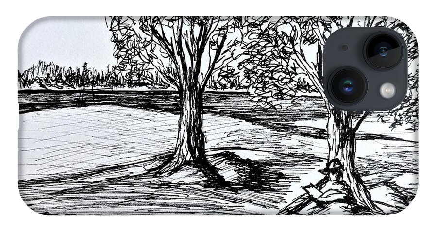 Black And White iPhone 14 Case featuring the drawing Shade Trees by Tammy Nara
