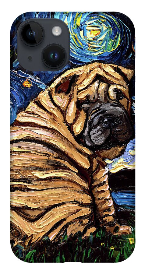 Sharpie Night iPhone 14 Case featuring the painting Sharpei Night by Aja Trier