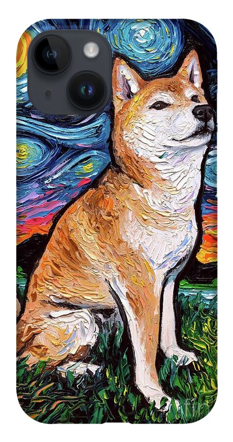 Shiba iPhone 14 Case featuring the painting Shiba Inu Night 2 by Aja Trier