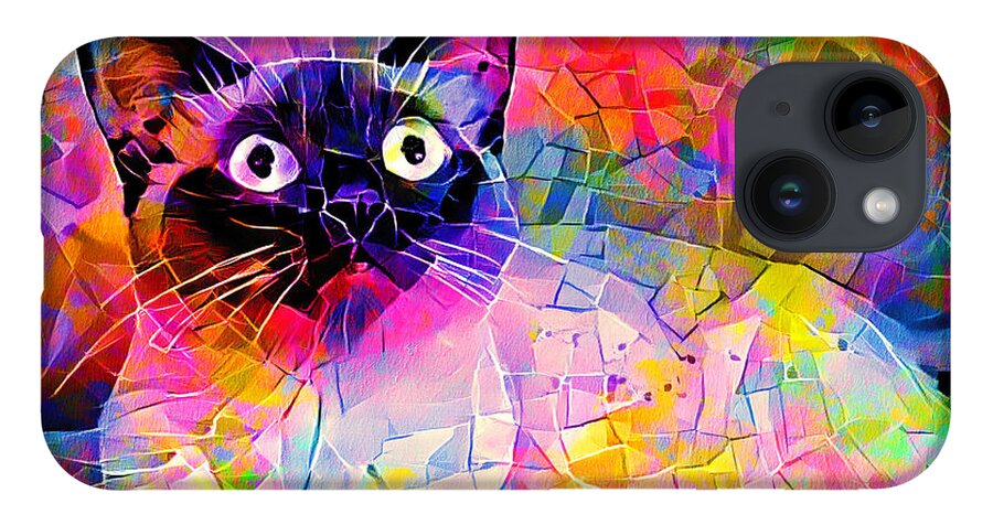 Alerted Cat iPhone Case featuring the digital art Siamese cat with a worried expression - colorful irregular tiles mosaic effect by Nicko Prints