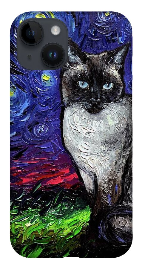 Siamese Cat iPhone 14 Case featuring the painting Siamese Night by Aja Trier