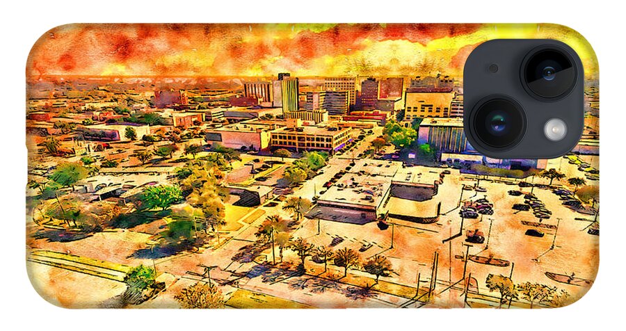 Wichita Falls iPhone 14 Case featuring the digital art Skyline of downtown Wichita Falls, Texas, at sunset - pen and watercolor by Nicko Prints
