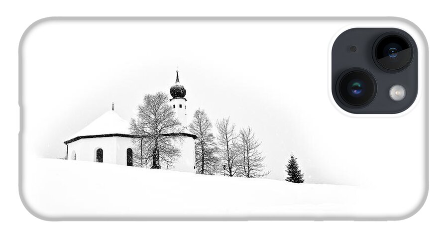 Cozy Snow Winter Austria White Trees Church Stylish Contemporary Conceptual Christmas Atmospheric Peaceful Beautiful Delightful Delicate Gentle Soft Snowdrifts Painterly Graphical Black Mono B&w Minimal Minimalist Minimalism Simplistic Simple Attractive Restful Relaxing Drawing Graphics Covered Xmas Season Greetings Enjoyable Cold Freezing Warm Calm Card Tranquility Relaxation Serene Singular Scenery View Magical Fairy Tale Elements Poetic Artistic Tranquility Snowing Snowfall Spiritual Inspire iPhone 14 Case featuring the photograph Snow, Cosy Snow, White Christmas by Tatiana Bogracheva