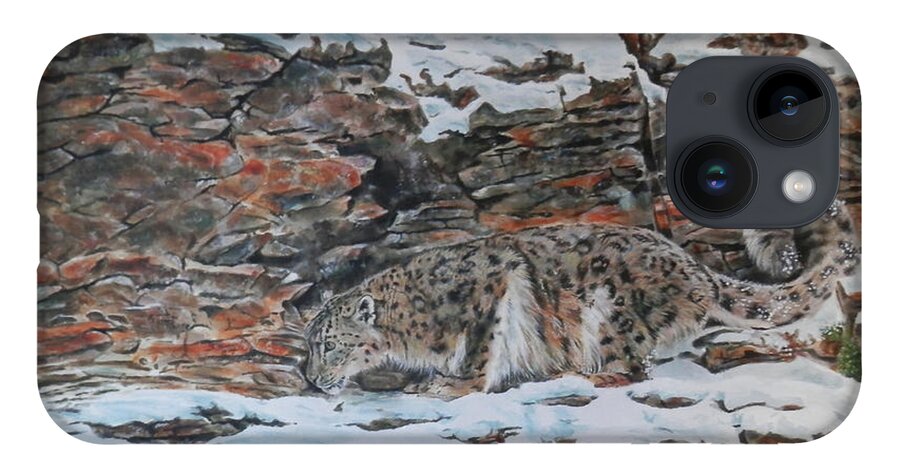 Leopard iPhone 14 Case featuring the painting Snow Leopard by John Neeve
