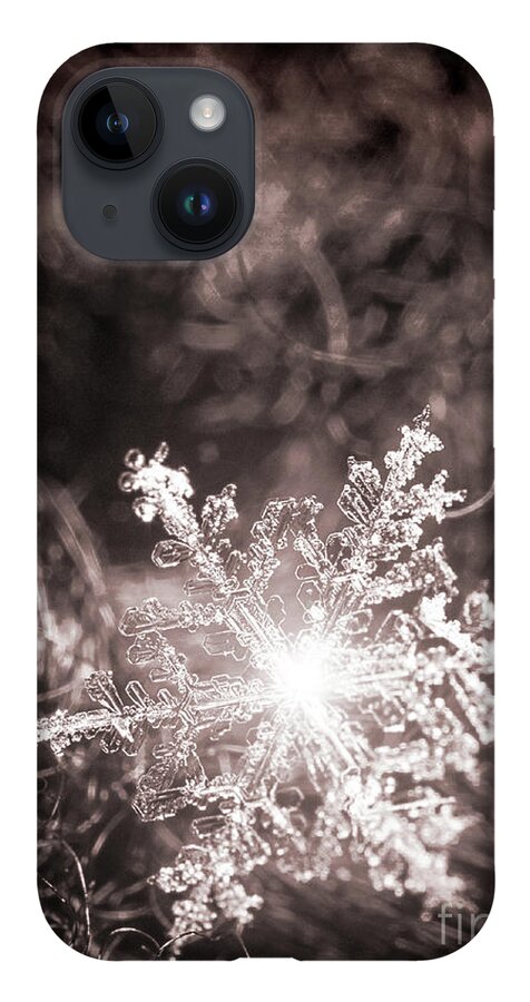 Snowflake; Ice; Shine; Macro; Simple; Monochrome; iPhone 14 Case featuring the photograph Snowflake Sparkle by Tina Uihlein