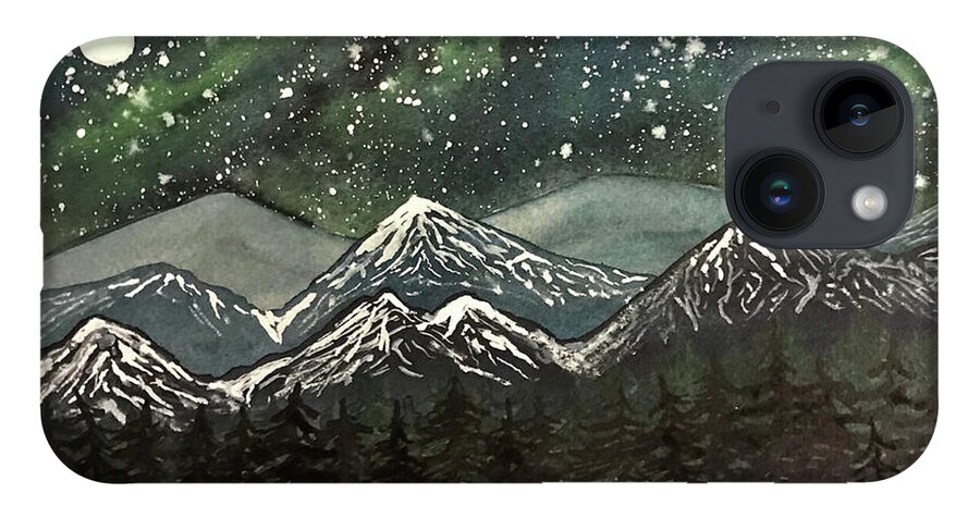 Snowy Mountains iPhone Case featuring the painting Snowy Mountains with Aurora by Lisa Neuman