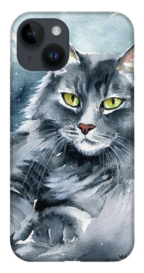 Cats iPhone 14 Case featuring the painting Stanford Maine Coon Cat Painting by Dora Hathazi Mendes