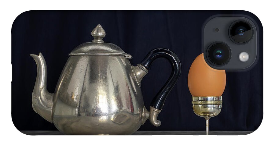 Patina iPhone 14 Case featuring the photograph Sterling Silver Eggcup and Teapot Black Background Still Life by Pablo Avanzini