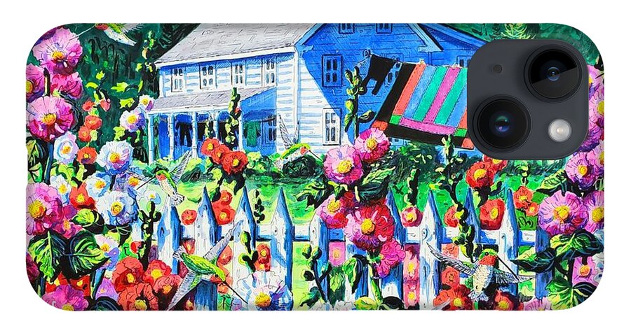 Hollyhocks iPhone 14 Case featuring the painting Summer Farm House and Hollyhocks by Diane Phalen