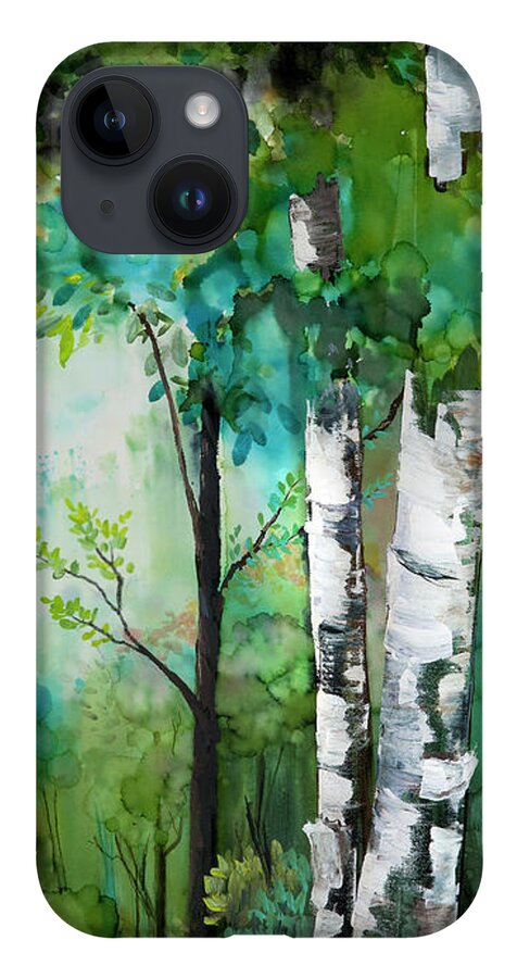 Birch Trees iPhone 14 Case featuring the painting Summer in Cheboygan by Julie Tibus