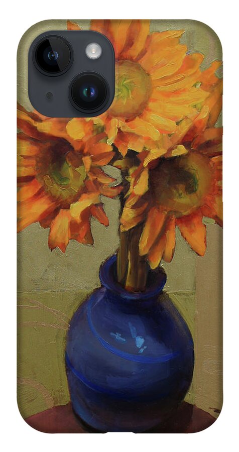Sunflowers iPhone 14 Case featuring the painting Sunflowers in a blue vase by Cathy Locke