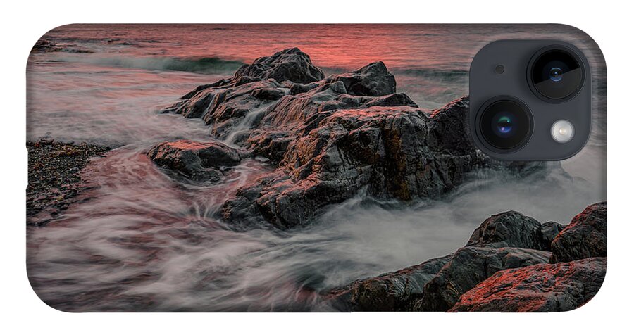 New Hampshire iPhone 14 Case featuring the photograph Sunrise On The Rocks, Fort Foster. by Jeff Sinon