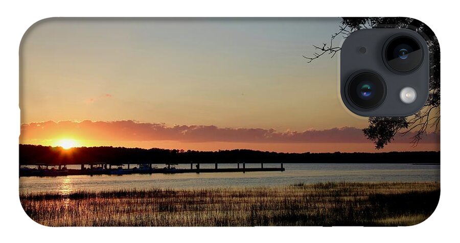 Orange iPhone 14 Case featuring the photograph Sunset at Skull Creek Marina-2 by Dennis Schmidt
