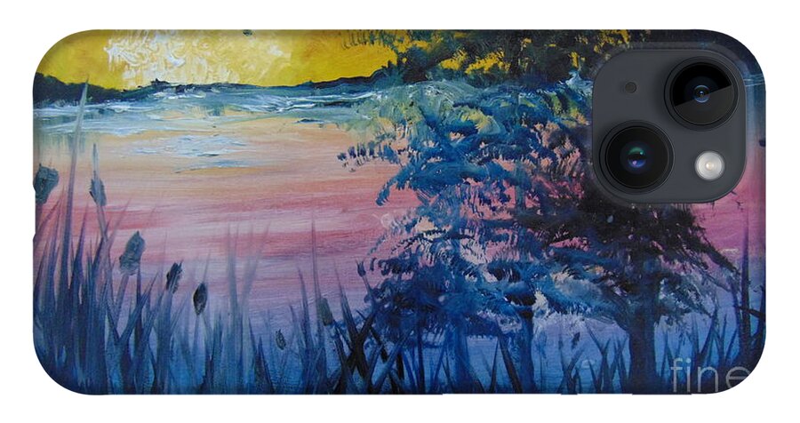 Lake iPhone 14 Case featuring the painting Sunset on the Lake by Saundra Johnson