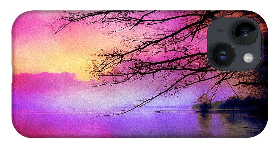 Sunset iPhone 14 Case featuring the mixed media Sunset on the lake by Tatiana Travelways