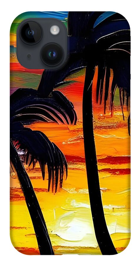 Sunset iPhone 14 Case featuring the digital art Sunset Palms by Katrina Gunn