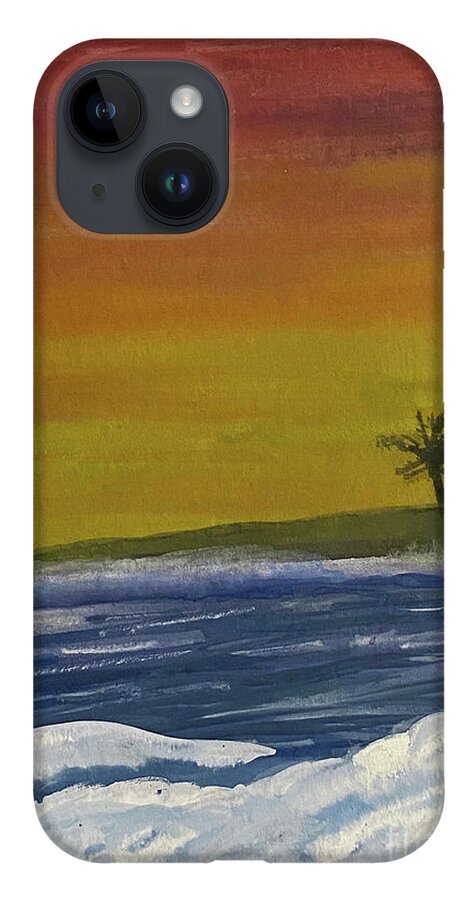 Sunset iPhone 14 Case featuring the mixed media Sunset Waves by Lisa Neuman