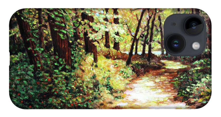 Woods iPhone 14 Case featuring the painting Sunspots on the Path Home by John Lautermilch