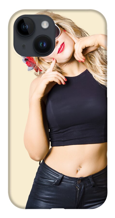 Girl iPhone Case featuring the photograph Surprised pinup woman isolated on studio backgrond by Jorgo Photography