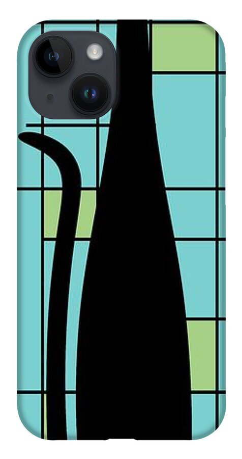 Mid Century Modern Cat iPhone Case featuring the digital art Tall Mondrian Cat on Blue by Donna Mibus