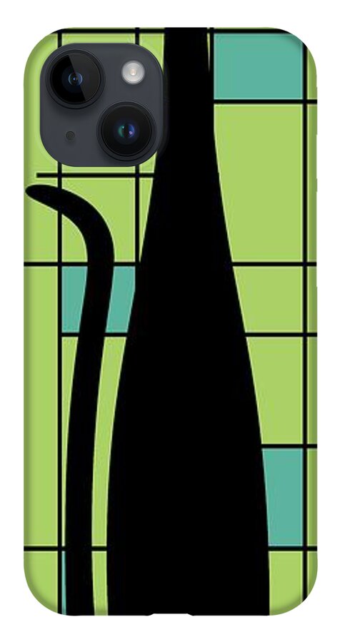 Mid Century Modern Cat iPhone 14 Case featuring the digital art Tall Mondrian Cat on Green by Donna Mibus