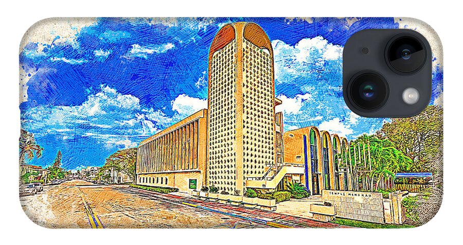 Temple Menorah iPhone Case featuring the digital art Temple Menorah in Miami Beach, Florida - colored drawing by Nicko Prints
