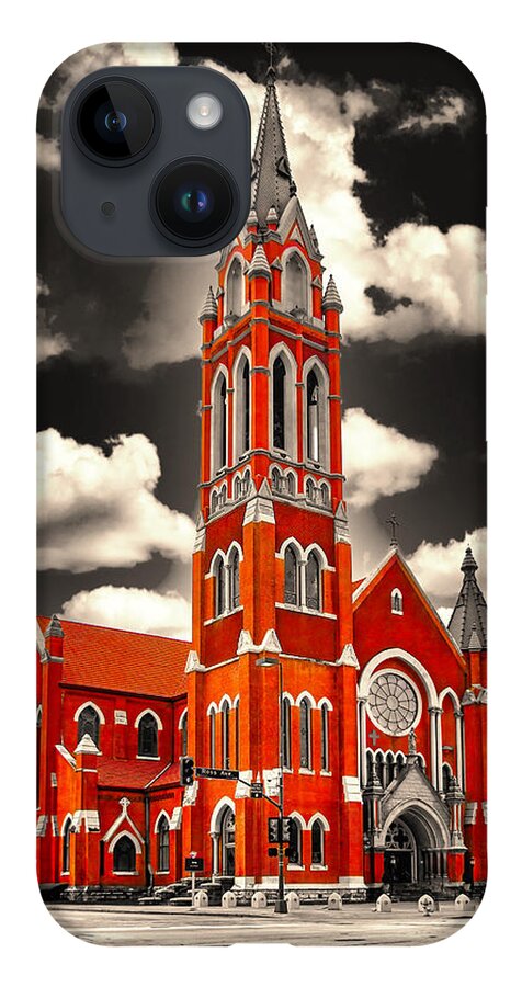 Cathedral Shrine Of The Virgin Of Guadalupe iPhone Case featuring the digital art The Cathedral Shrine of the Virgin of Guadalupe in Dallas, Texas, isolated on black and white by Nicko Prints