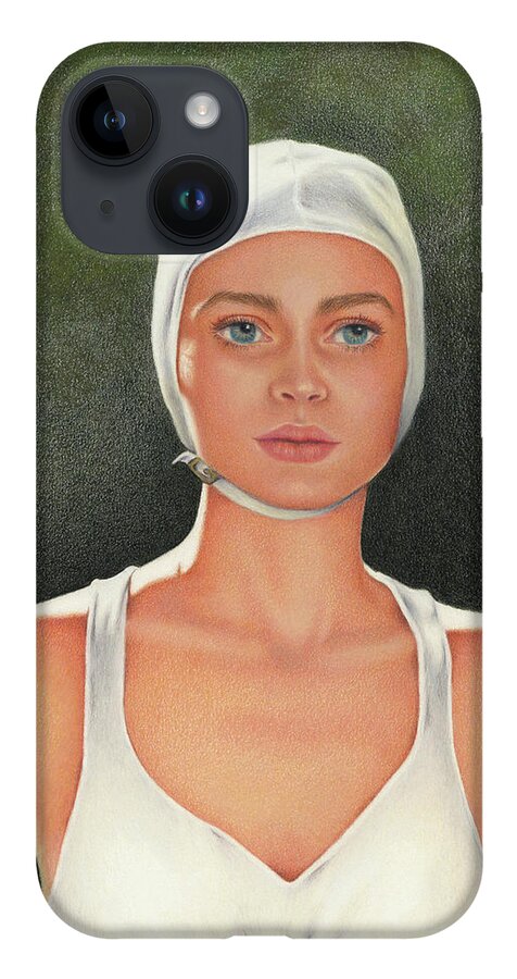 Swimming; Competition; Diving; Vintage Swimwear; Bathing Beauties; White Bathing Cap; White Swimsuit; Blue Eyes iPhone 14 Case featuring the painting The Competition by Valerie Evans