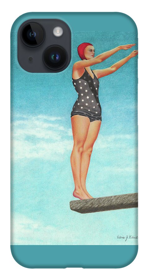High Dive; Diving Board; Vintage Bathing Beauties; Red Swim Cap; Diving Competitions; Vintage Bathing Suits; Swimming; Polka Dot Swim Suit iPhone 14 Case featuring the painting The High Dive by Valerie Evans