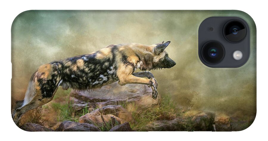 African Wild Dog iPhone 14 Case featuring the digital art The Leap by Nicole Wilde