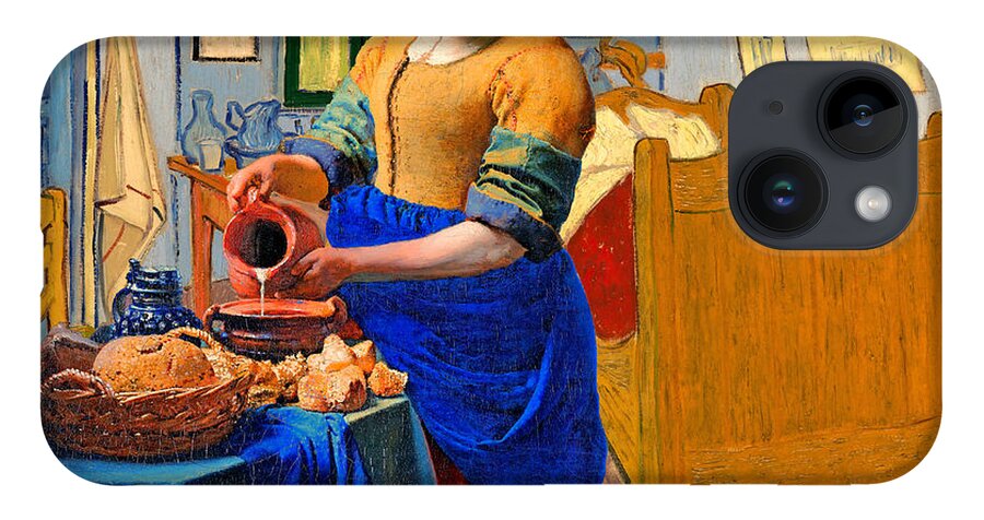 Milkmaid iPhone Case featuring the digital art The Milkmaid by Johannes Vermeer inside Van Goghs Bedroom in Arles by Nicko Prints