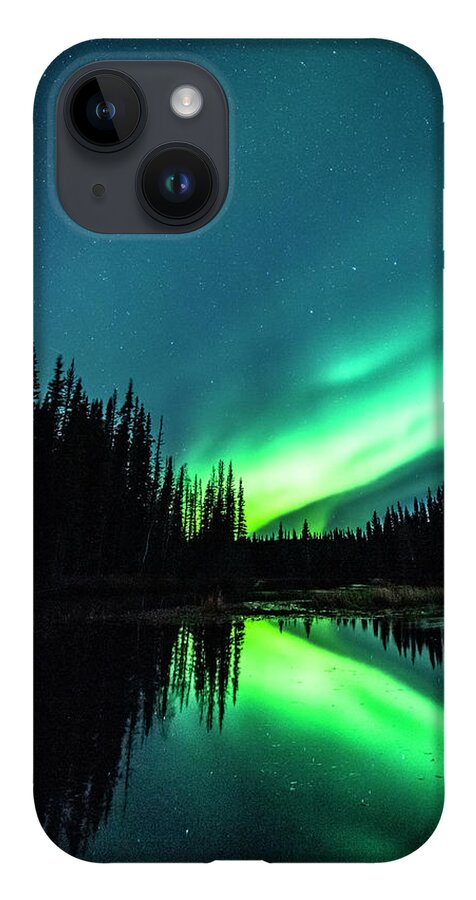 Green iPhone 14 Case featuring the photograph The Northern Lights over Alaska by David Morefield
