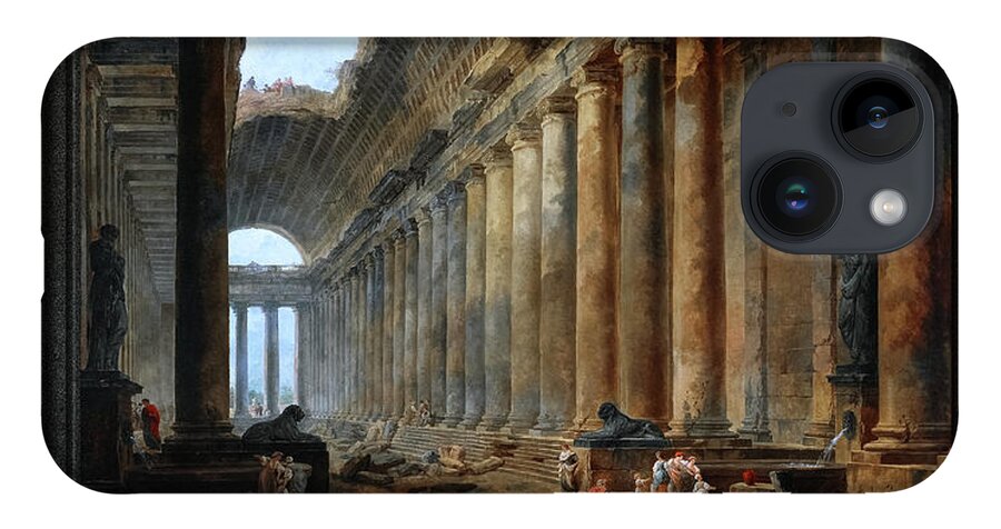 The Old Temple iPhone 14 Case featuring the painting The Old Temple by Hubert Robert Old Masters Fine Art Reproduction by Rolando Burbon
