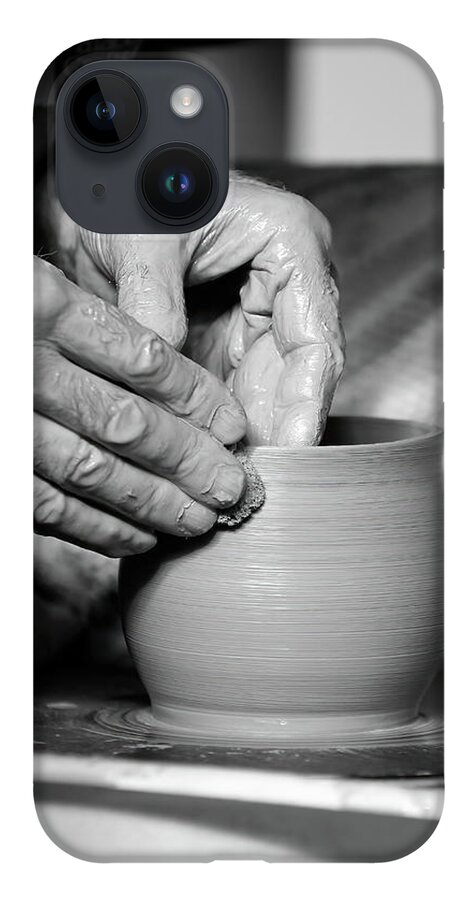 Ceramic iPhone 14 Case featuring the photograph The Potter's Hands bw by Lens Art Photography By Larry Trager