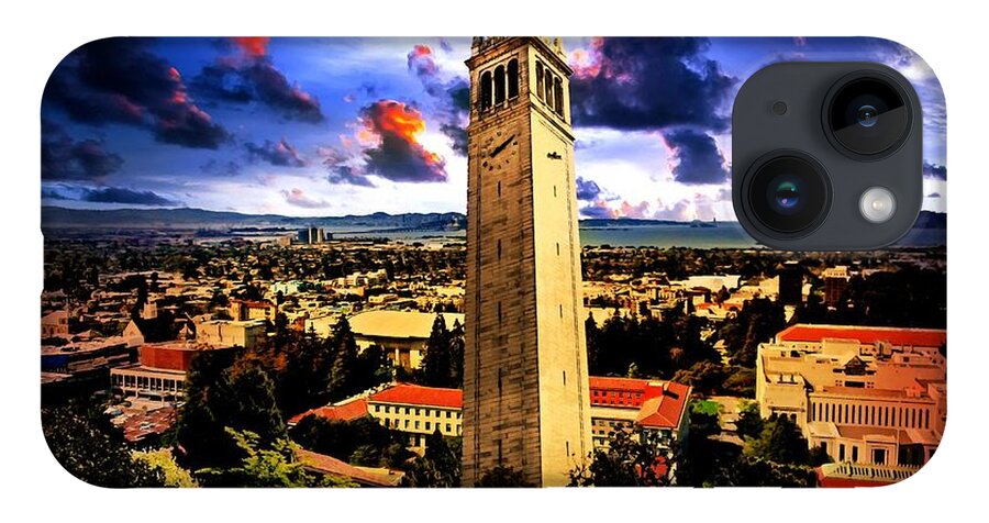 Berkeley iPhone 14 Case featuring the digital art The Sather Tower and a a view to Berkeley Campus, downtown Berkeley and San Francisco Bay at sunrise by Nicko Prints