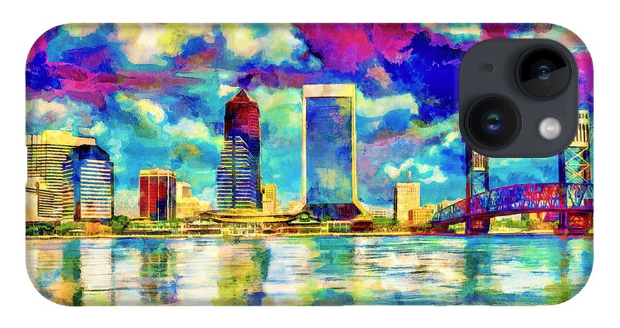 Downtown Jacksonville iPhone 14 Case featuring the digital art The waterfront of downtown Jacksonville, Florida - colorful painting by Nicko Prints