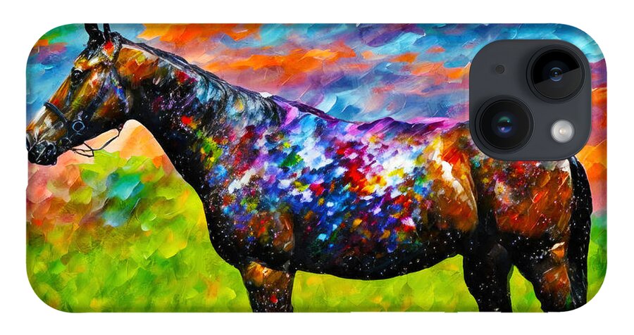 Thoroughbred iPhone Case featuring the digital art Thoroughbred horse on a pasture - colorful abstract painting by Nicko Prints