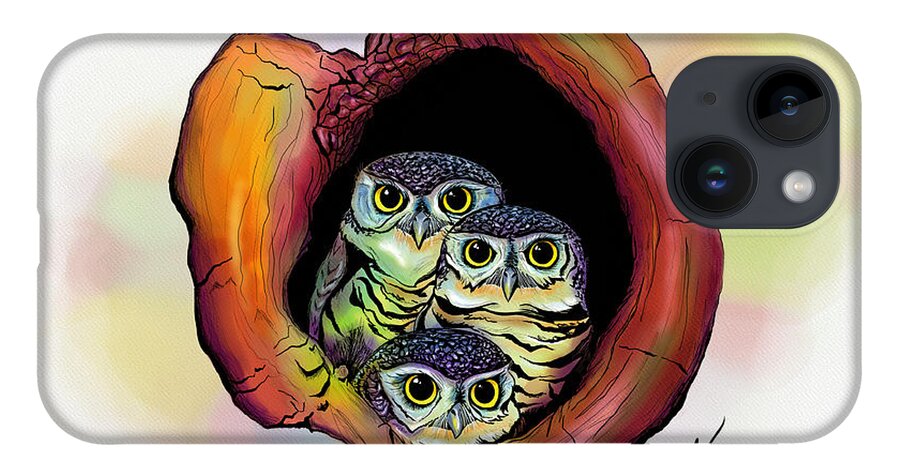 Wildlife iPhone 14 Case featuring the digital art Three Owls by Norman Klein