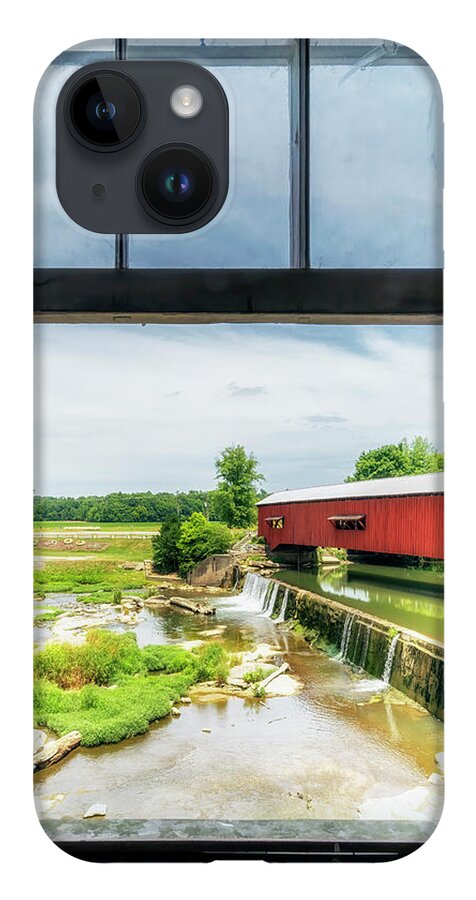Parke County iPhone 14 Case featuring the photograph Through the Mill Window - Bridgeton Covered Bridge by Susan Rissi Tregoning