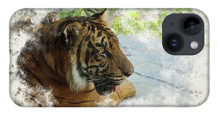 Tiger iPhone 14 Case featuring the digital art Tiger Portrait with Textures by Alison Frank