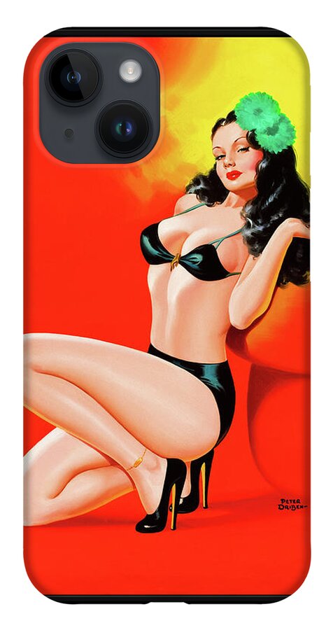 Too Hot To Touch iPhone 14 Case featuring the painting Too Hot To Touch by Peter Driben Vintage Pin-Up Girl Art by Rolando Burbon