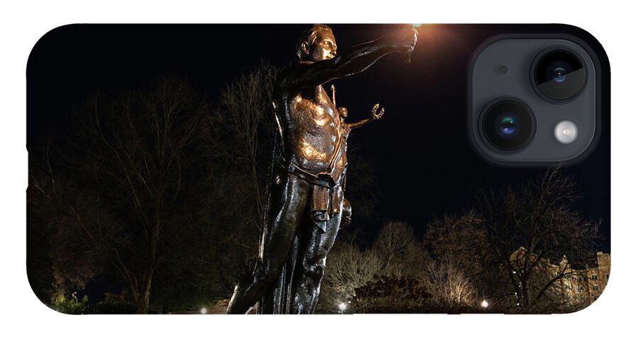 University Of Tennessee At Night iPhone 14 Case featuring the photograph Torchbearer statue at the University of Tennessee at night by Eldon McGraw