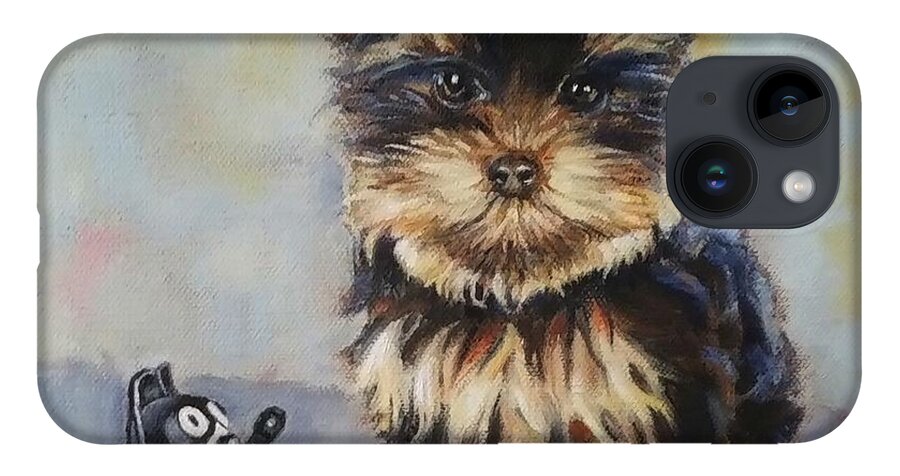 Yorkie iPhone 14 Case featuring the painting Toy VS Toy by Jean Cormier