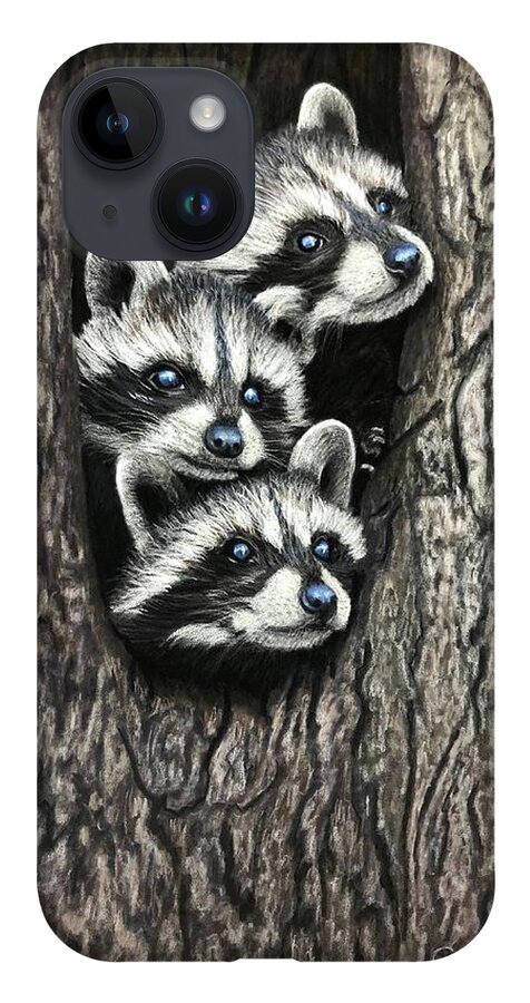 Baby Raccoons iPhone 14 Case featuring the pastel Tree Bandits by Marlene Little