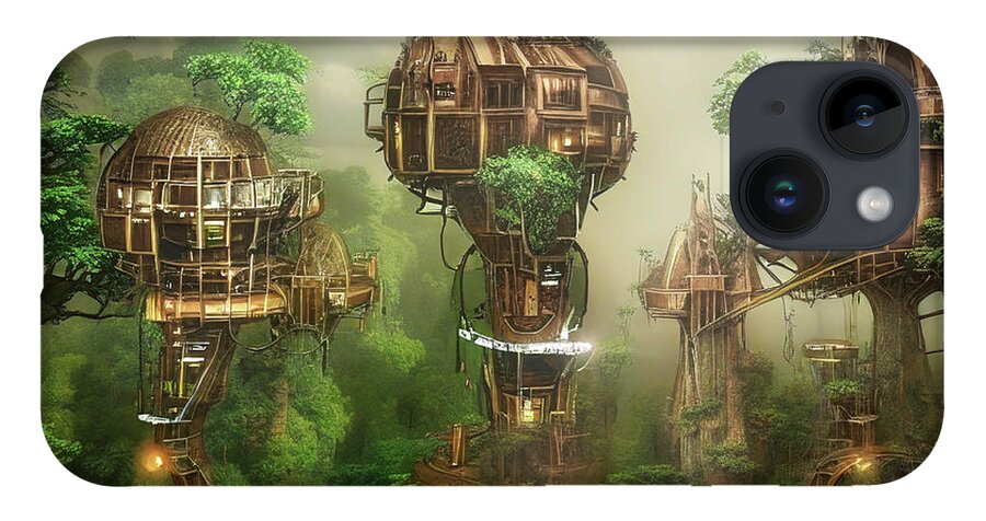 Ai iPhone 14 Case featuring the digital art Treehouses in the misty rain by Micah Offman