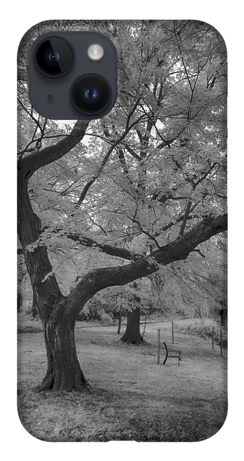 Infrared iPhone 14 Case featuring the photograph Trees at the park in black and white by Alan Goldberg