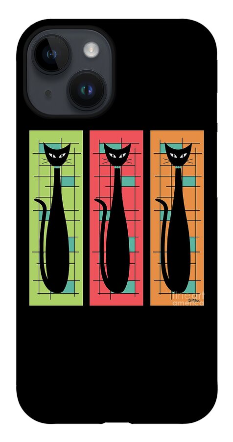 Mid Century Modern iPhone 14 Case featuring the digital art Trio of Cats Green, Salmon and Orange on Black by Donna Mibus