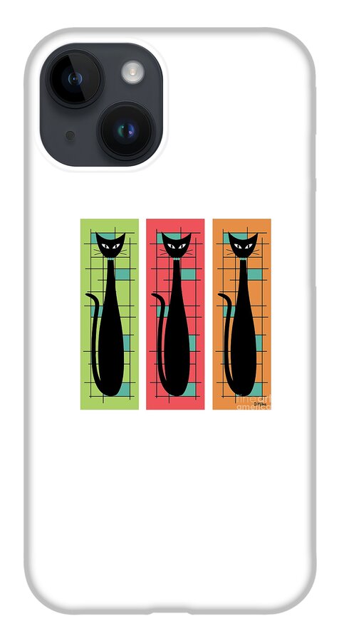 Mid Century Modern iPhone 14 Case featuring the digital art Trio of Cats Green, Salmon and Orange on White by Donna Mibus